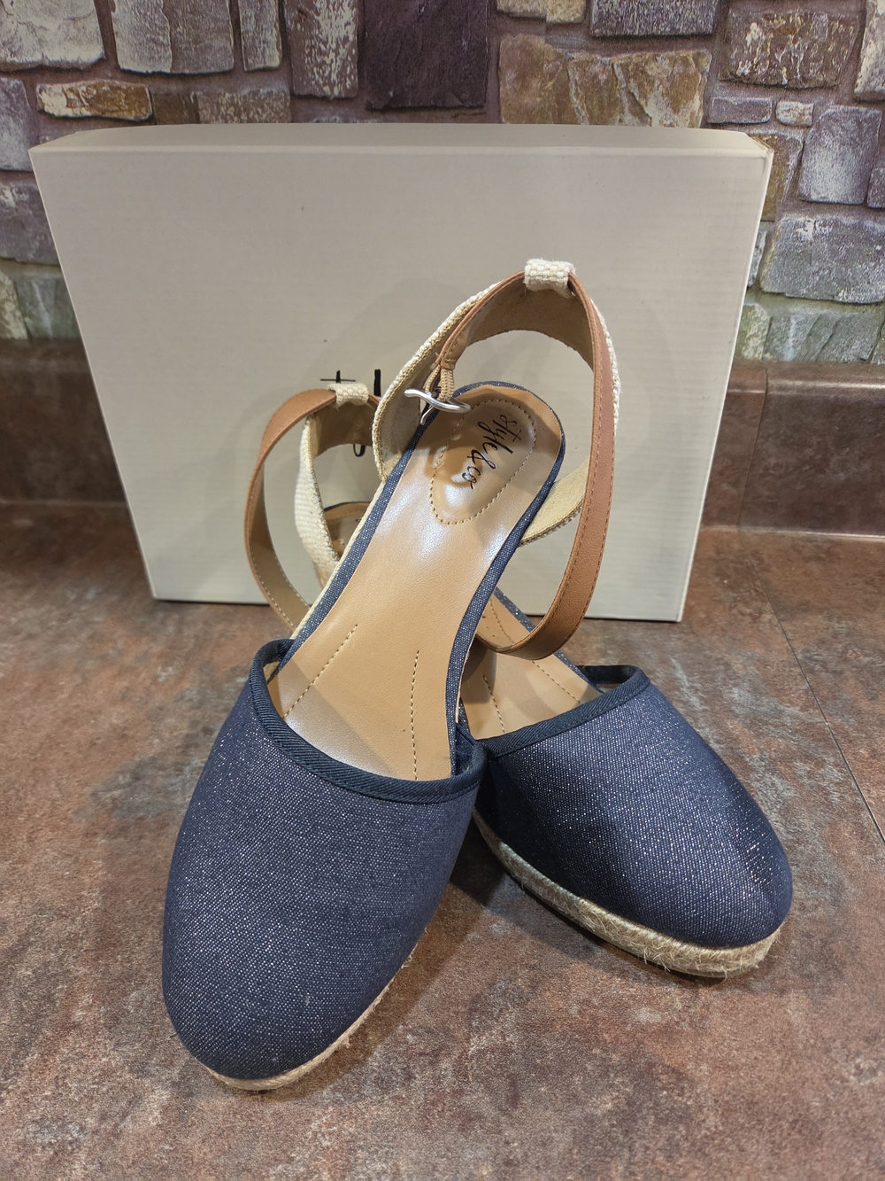 Style & Co. Navy Espadrille Slingback Wedges with Tan Straps